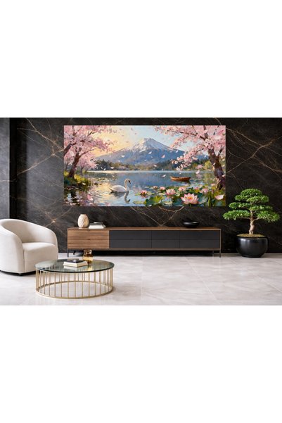 VeliumCraft Tablou Canvas Peisaj in japonia 2, cu lac, munte, sakura 150x70 cm, sasiu de lemn