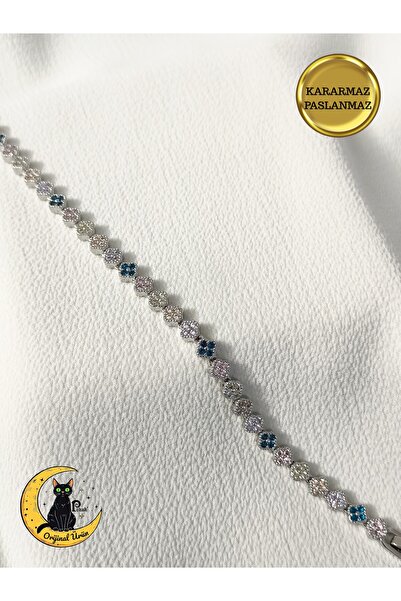 POKAK Kadın Kararmaz Gümüş Renginde Renkli Zirkon Taşlı Yonca Kuyumcu Model V...