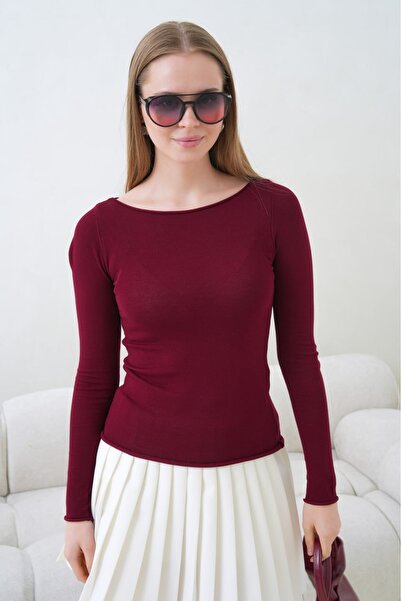 CARLA MARA Women's Crew Neck Long Sleeve Basic Blouse Burgundy