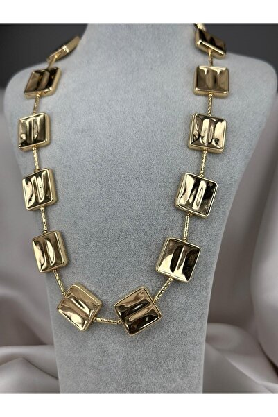 ZS Aksesuar Gold Color Square Shaped Geometric Segmented Stylish Steel Necklace