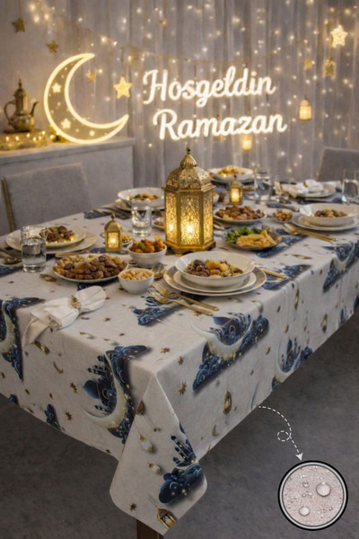 Soft Kare مفرش طاولة رمضان مقاوم للسوائل - مفرش طاولة منقوش مقاوم للبقع وقابل...