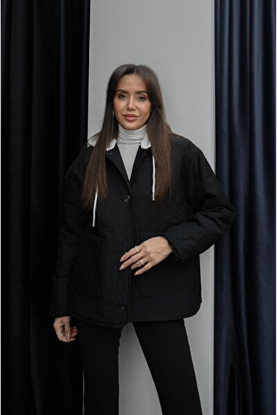 Havoş Black Buttoned Hooded Quilted Coat