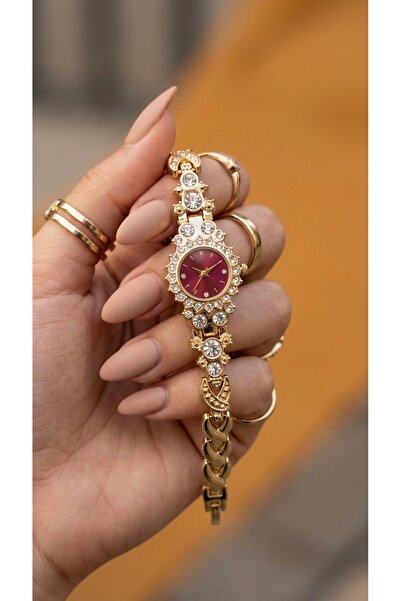 KLISHE Butik Kadın Çelik Saat Altın Renk Taşlı Vintage Bordo Kadran Kol Saati...