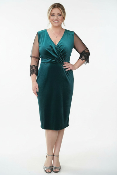 Veline Women's midi dress, velvet, gathered waist, tulle sleeves, green