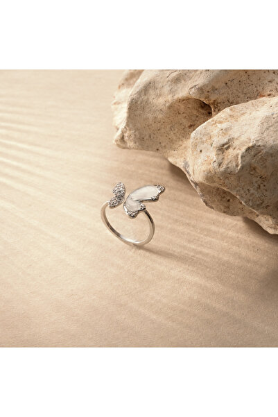 Twem Silver خاتم فضي اللون مرصع بحجر الزركونيا مع أشكال الفولاذ والفراشة قابل...