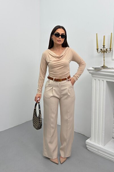 spirituel Women's Pants with Belt, Pleated Detail, Double Pockets, Wide Leg P...