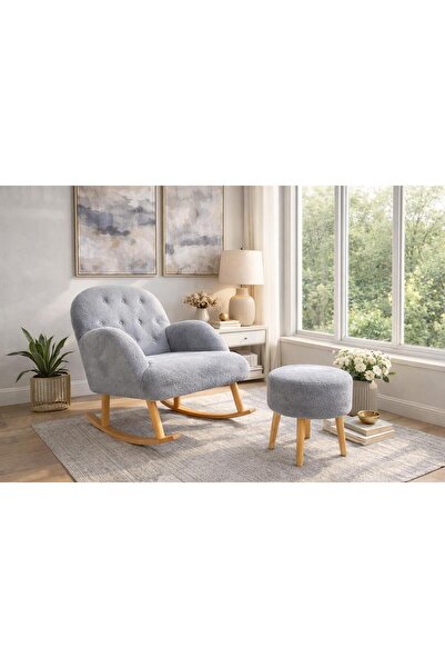 KOKİ DESİGN Sallanan Ahşap Ayaklı Wellsoft Gri Berjer - PUF HEDİYELİ