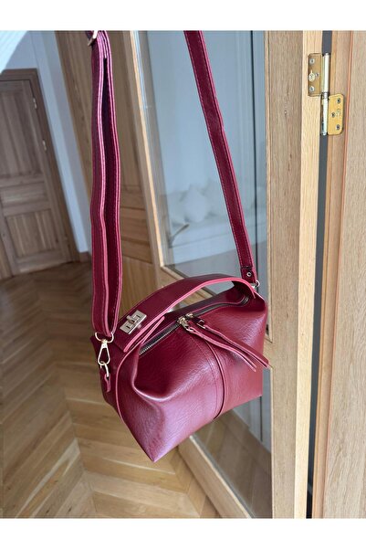 Tina İstanbul Pouch Bag Shoulder Bag with Lock Strap Claret Red