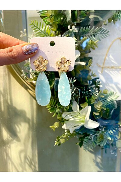 Lilyum Aksesuar Çiçekli Açık Mavi Turkuaz Renk Akrilik Küpe