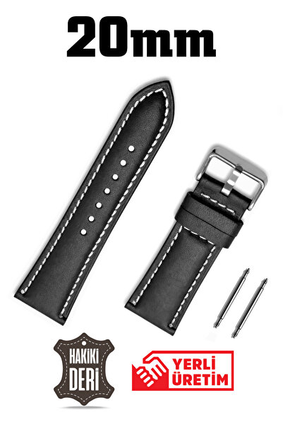 Saatse 20mm Black White Stitched Plain Genuine Leather Watch Band Strap