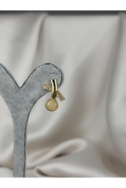 ZS Aksesuar Gold Color Stone Detailed Minimal Round Special Design Earrings