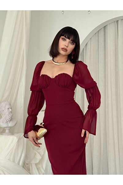 Julidress فستان طويل متوسط الطول من التول بأكمام مبطنة ومحشوة عند الصدر