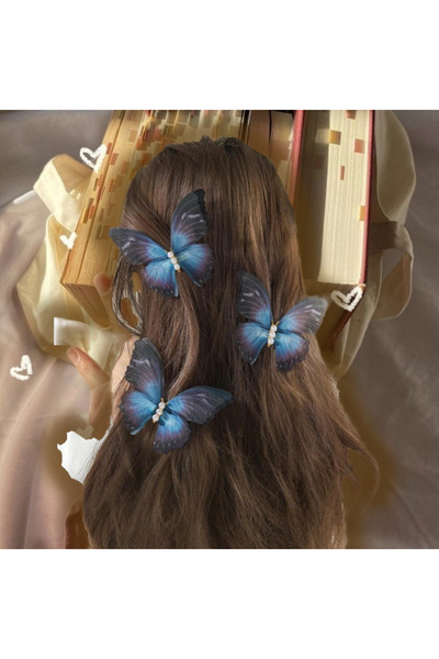 CARAVSTORE Set of 3 Blue Gradient Pearl Stone Tulle Moving Butterfly Buckles