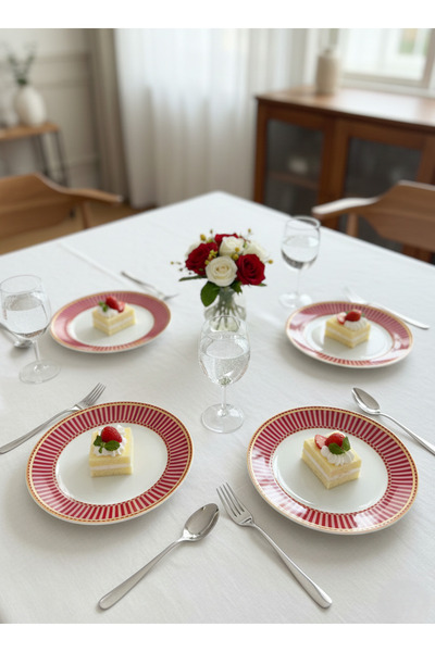 Porcelland Lune Kırmızı, Pembe ve Gold Detaylı 21 cm Pasta Tabağı | 4’lü Pors...