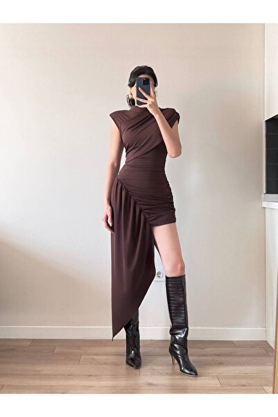 Julidress High Collar Asymmetrical Detailed Padded Maxi Long Premium Draped D...