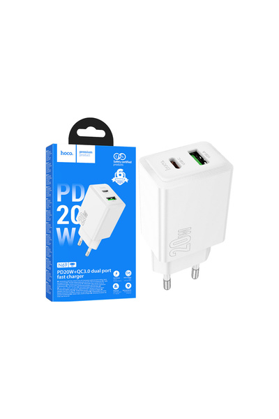 Hoco Mains Charger, (PD20W+QC3.0) 1xUSB-C, 1xUSB, Fast, WHITE