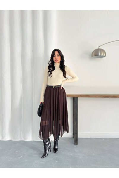 khar Women's Lined Knitted Tulle Asymmetrical Skirt with Detailed Hemline, St...