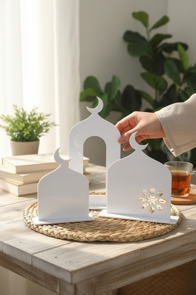 otovoo İslami Dekor Lazer Kesim 2 mm Beyaz Pleksi Ramazan Süsleri 8 cm 3 Adet