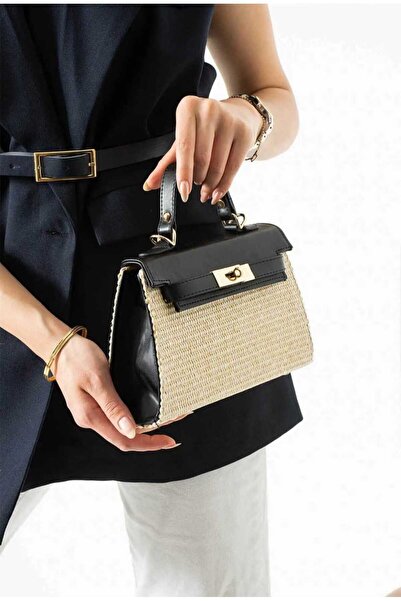 ÖZÜM TAKI Women's Straw Long Strap Hand and Shoulder Bag Black