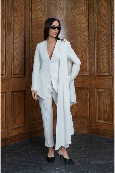 Julidress Detachable Brooch and Shawl Detailed Jacket and Pants Premium Desig...
