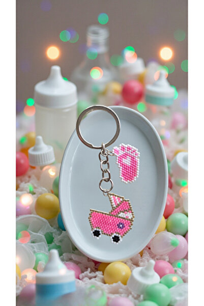 SEARD Miyuki Beads Handmade Pink Baby Stroller and Baby Foot Keychain/Bag Orn...