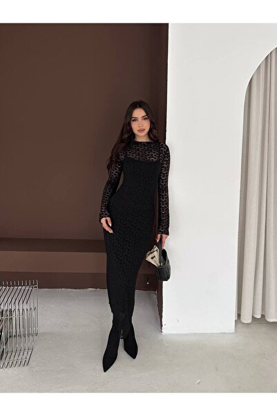 MERİKA ELEGANCE Uzun Kollu Dantel Midi Elbise