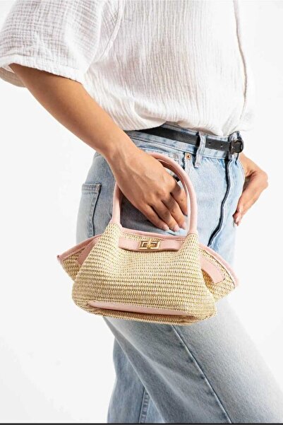 ÖZÜM TAKI Women's Straw Hand and Shoulder Bag Powder