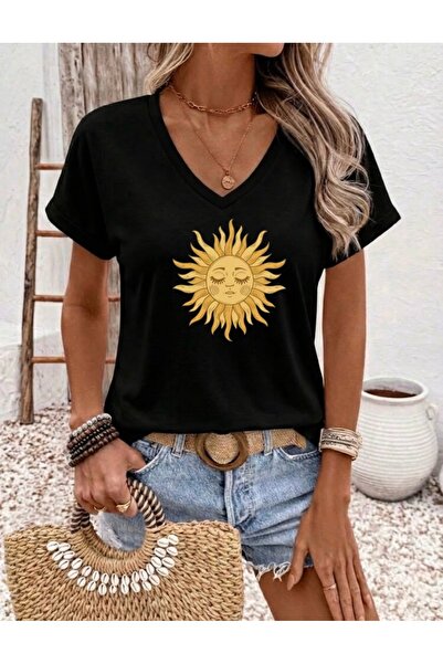 FUFLUNS Sari Sun Printed Women's Oversize V-Neck T-Shirt