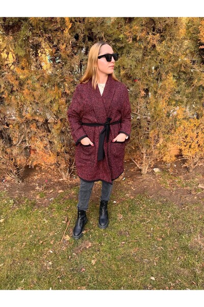 By Hande Alkan Women's Plus Size Burgundy Black Herringbone Tweed Loose Coat