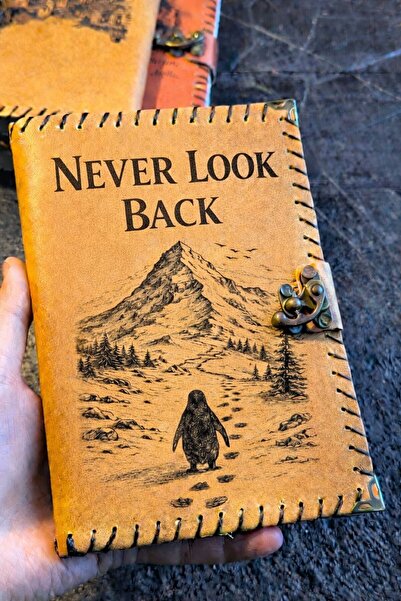 zarif atölye Never Look Back English Phrase Design Leather Notebook