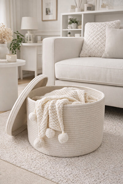 Bohemahomedecor Кошик-органайзер для декоративних ковдр з кришкою, екрю