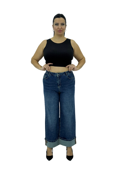 carmito Plus Size Denim High Waist Wide Leg Women's Pants with Stones