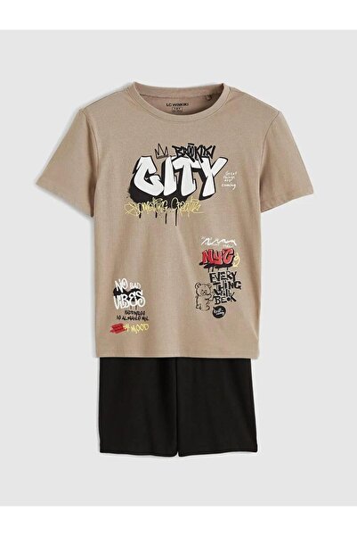 LC Waikiki Set de pijamale pentru băieți cu imprimeu graffiti maro și pantalo...