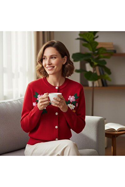 EREN STYLE Long Sleeve Floral Patterned Quality Wool Cardigan