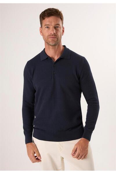 Felix Hardy Men's Buttoned Polo Collar Knit Sweater - Navy Blue
