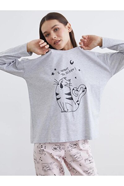 LC Waikiki Pink Cat Printed Women's Pajama Set (S6)