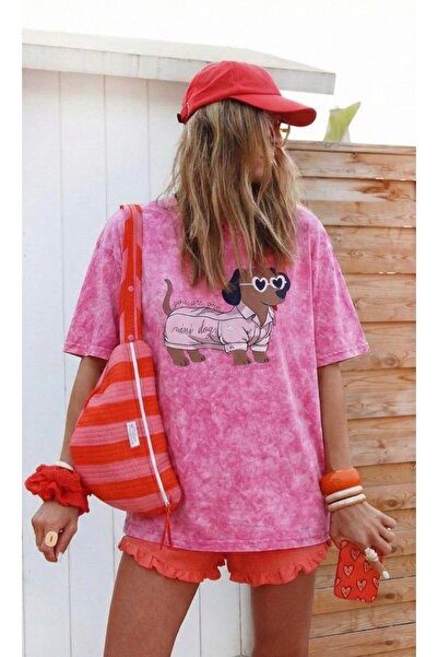 Homay تي شيرت نسائي من القطن المغسول باللون الفوشيا قصة فضفاضة مطبوع رقميًا