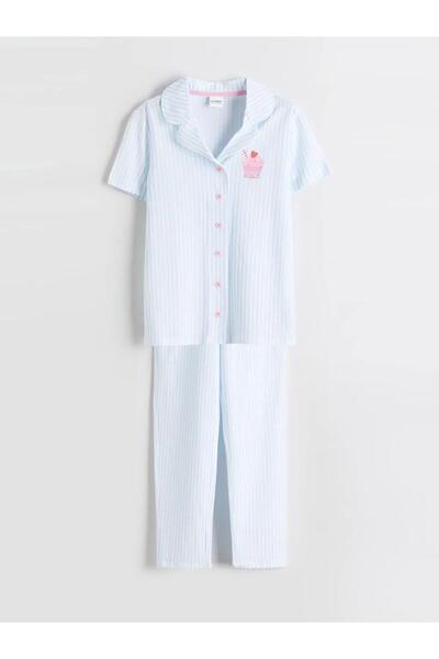 LC Waikiki Λευκό πουκάμισο με γιακά και ρίγες, κοριτσίστικο σετ πιτζάμες (S6)