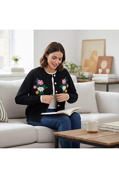 EREN STYLE Long Sleeve Floral Patterned Quality Wool Cardigan