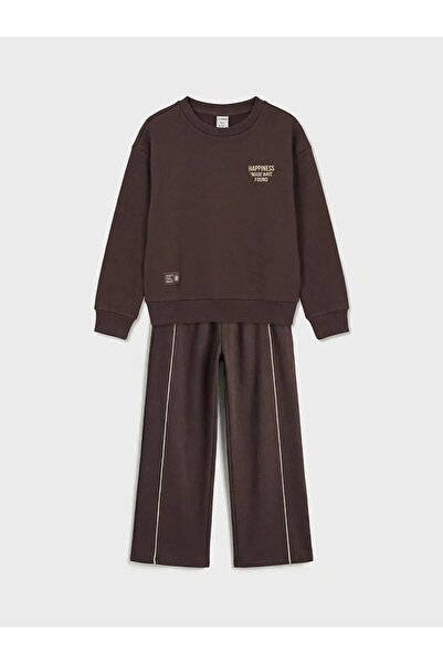 LC Waikiki Pulover gros pentru fete cu guler rotund Plum tricou și pantaloni ...