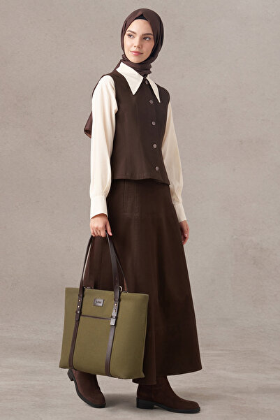 Tuğba Deri Kemerli Kanvas Çanta - Yeşil