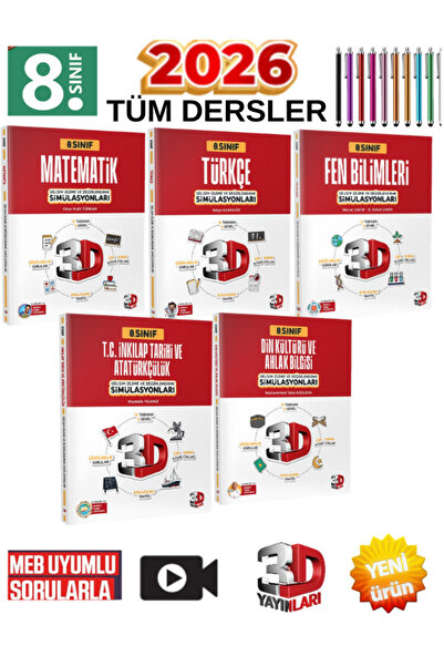 Üç Dört Beş Yayıncılık 3D 2026 8.Sınıf Tüm Dersler (M-T-F-İ-D)5 Kitap Simülas...