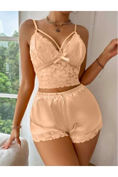 MYDORA LİNGERİE Premium Lüks Saten Askılı Üst ve Nakışlı Şort Takım