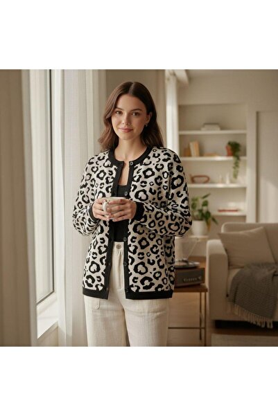 EREN STYLE Long Sleeve Leopard Print Quality Wool Cardigan