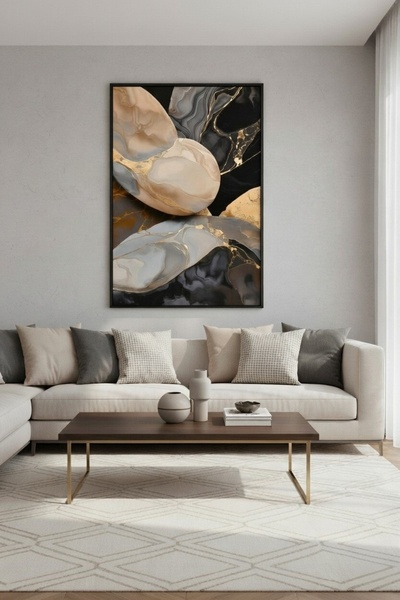 hollywest Bej Ve Füme Tonlarında Mermer Duvar Sanatı | Modern Çerçeveli Tablo