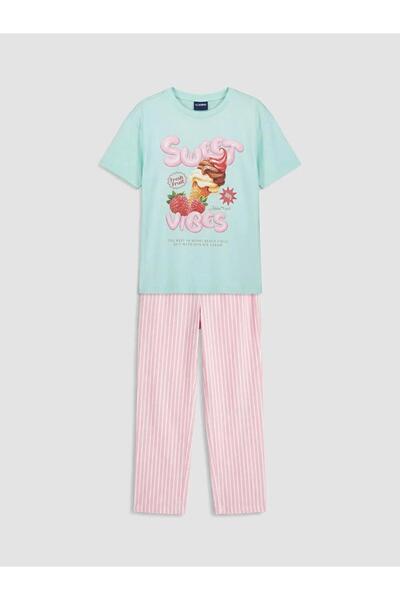 LC Waikiki Set de pijamale pentru fete, cu imprimeu turcoaz și gât rotund (S6)