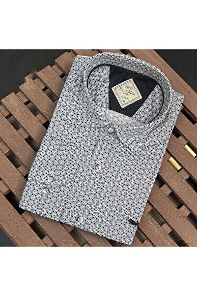 GÖMLEK GALERİSİ Men's Long Sleeve Shirt with Slim Fit Digital Printing Pattern