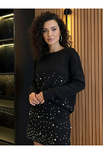 MONJER Women's Black Pearl Detailed Knitwear Set (Sweater & Mini Skirt)