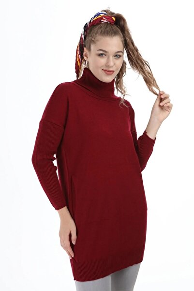 Kırçiçek Women's Degaje Collar Pocketed Soft Textured Knitwear Tunic