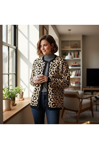 EREN STYLE Long Sleeve Leopard Print Quality Wool Cardigan